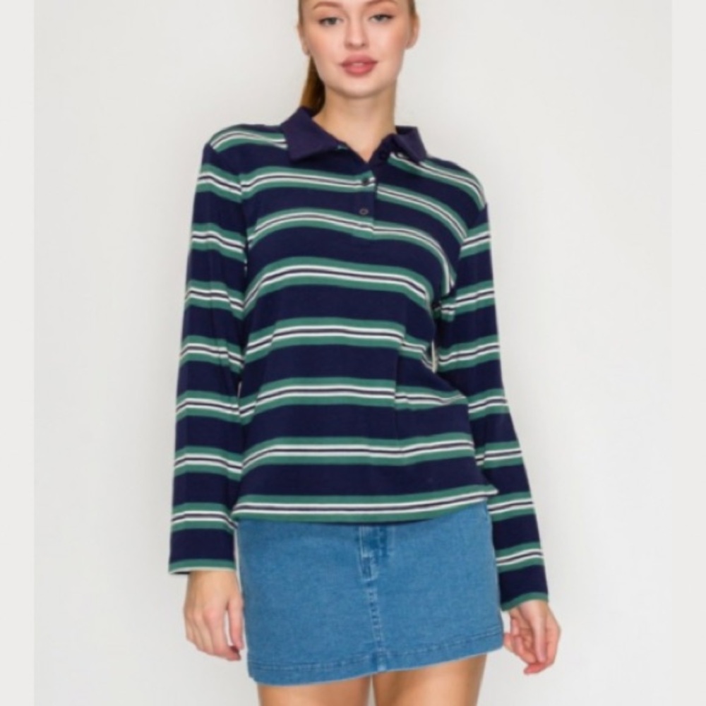New Long Sleeve Stripe Rugby Polo Jersey Knit Relaxed Fit Sporty Chic Shirt